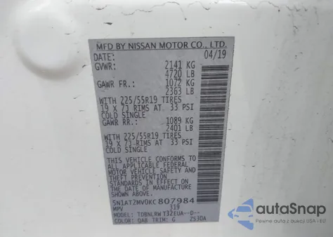 2019 Nissan Rogue Sl z USA, uszkodzony, nr VIN 5N1AT2MV0KC807984